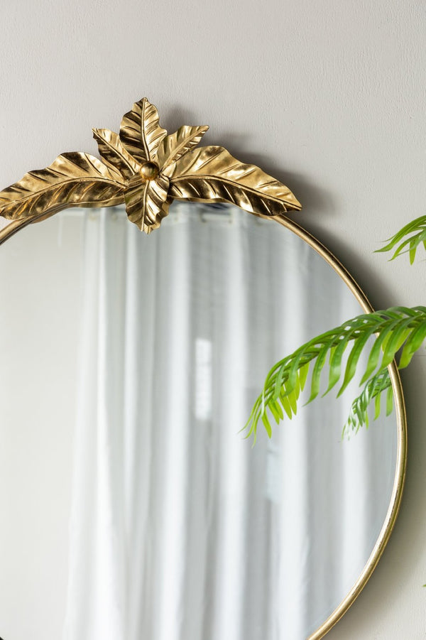 English Elm 36" Oval Gold Iron Frame Wall Mirror with Leaf Crown Detail for Bedroom or Entryway W2078135194
