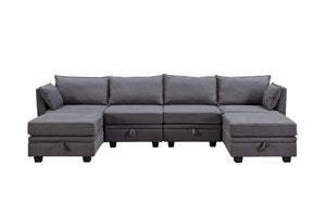 English Elm U_style Six Seat Modular U-shaped Sectional with Hidden Storage and Sleeper Function Dark Grey WY000363AAD