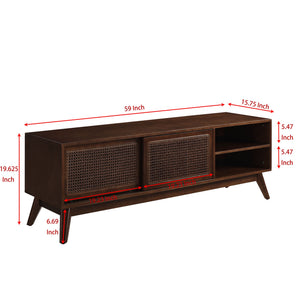 English Elm 59 Mid Century Rattan TV Stand 59" 65-inch Ready Media Console with Solid Wood Legs, Smooth Slides and Natural Birch Finish Walnut W1801115776