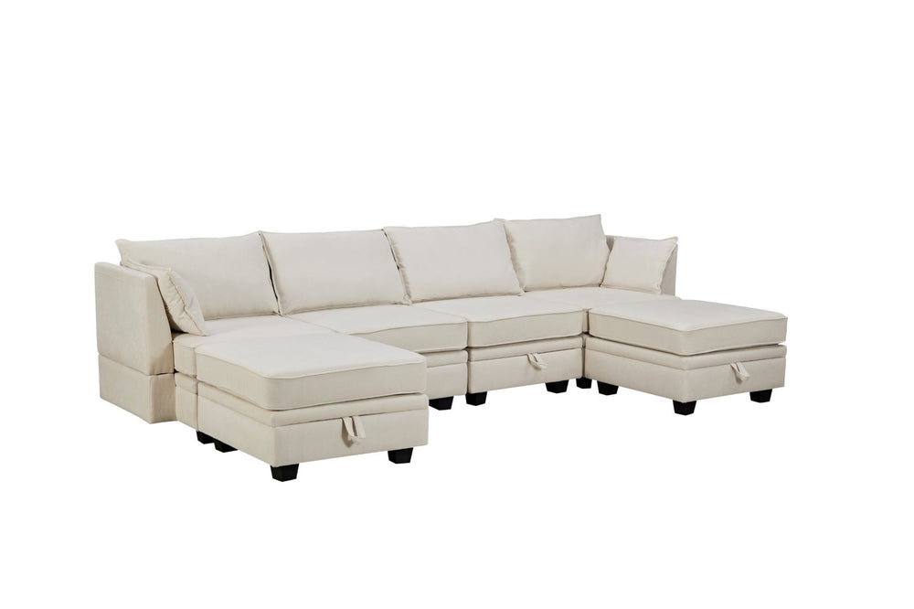 English Elm Sofa Modular Sectional with Hidden Storage Linen Upholstery and Convertible Ottoman Seating WF312293AAA