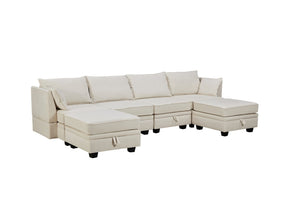 English Elm Sofa Modular Sectional with Hidden Storage Linen Upholstery and Convertible Ottoman Seating WF312293AAA