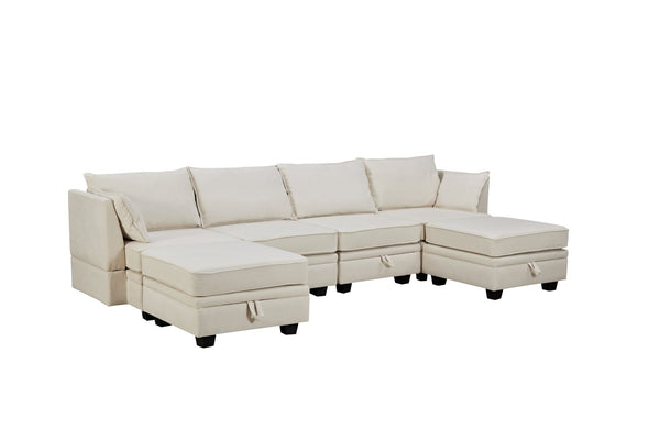 English Elm Sofa Modular Sectional with Hidden Storage Linen Upholstery and Convertible Ottoman Seating WF312293AAA