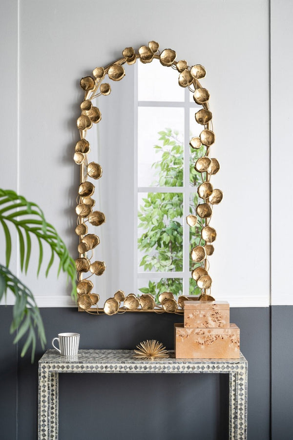 English Elm 51.5" Arched Iron Full Length Mirror with Organic Golden Leaf Frame Accent W2078135191