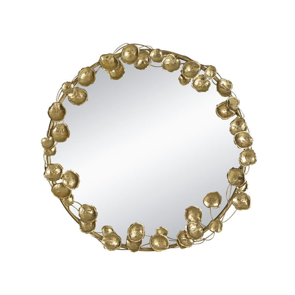English Elm 35" Round Iron Wall Mirror Sculptural Gold Leaf Frame for Entryway or Living Room W2078135190