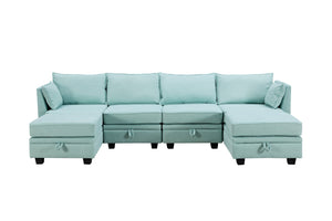 English Elm U_style Six Seat Modular U-shaped Sectional with Hidden Storage and Sleeper Function Light Green WY000363AAC