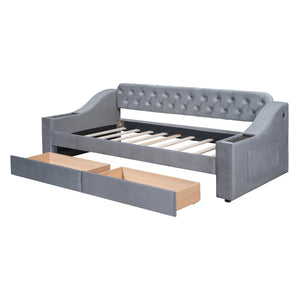 English Elm Twin Upholstered Daybed with Button-Tufted Headboard, Dual USB Ports & Two Large Storage Drawers Gray SF000048AAE