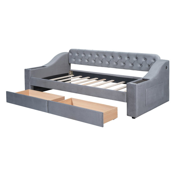 English Elm Twin Upholstered Daybed with Button-Tufted Headboard, Dual USB Ports & Two Large Storage Drawers Gray SF000048AAE
