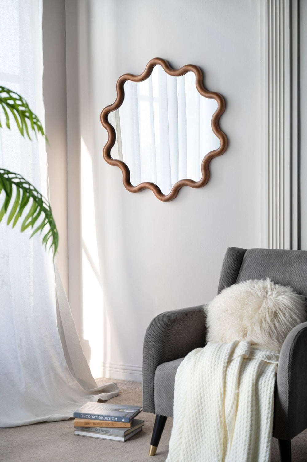 English Elm 31" Wave Frame Dark Brown Pine Wood Wall Mirror for Entryway Living Room Bedroom W2078135196
