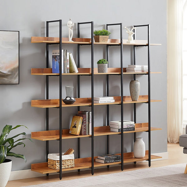 English Elm 5 Tier Bookcase Industrial Open Bookshelf with MDF Boards & Steel Frame, 5 Shelves, 80lb Capacity Each Black+Brown N725P247766B