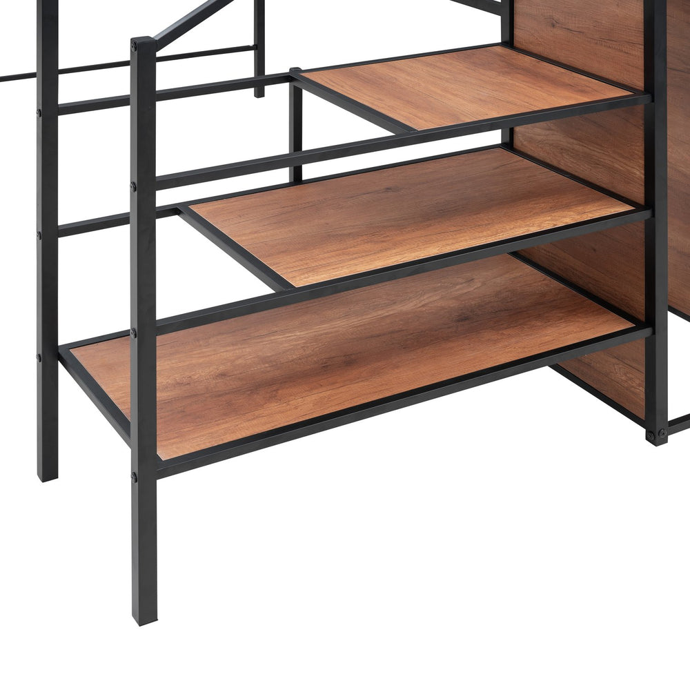 English Elm Full Metal Loft Bed with Built-In L Desk, 3-Tier Ladder Shelves and Under-Ladder Wardrobe Space, Durable Black SF000024AAB