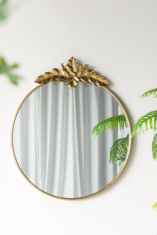 English Elm 36" Oval Gold Iron Frame Wall Mirror with Leaf Crown Detail for Bedroom or Entryway W2078135194