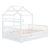 English Elm Wooden Full Size House Bed With Twin Size Trundle,Kids Bed With Shelf,White