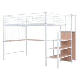 English Elm Full Metal Loft Bed with Built-In L Desk, 3-Tier Ladder Shelves and Under-Ladder Wardrobe Space, Durable White SF000024AAK