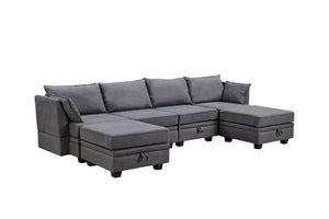 English Elm U_style Six Seat Modular U-shaped Sectional with Hidden Storage and Sleeper Function Dark Grey WY000363AAD