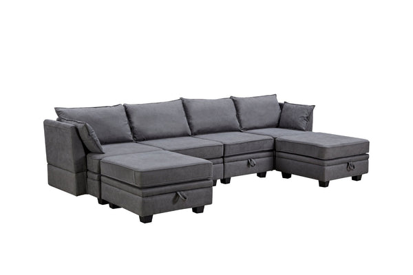 English Elm U_style Six Seat Modular U-shaped Sectional with Hidden Storage and Sleeper Function Dark Grey WY000363AAD