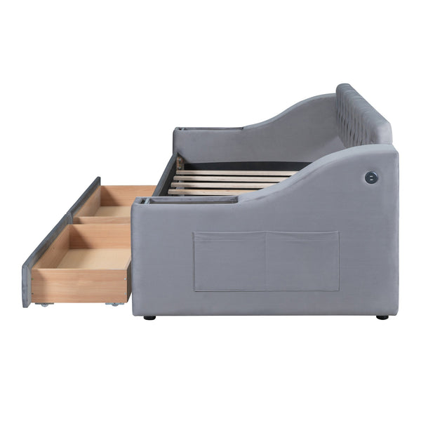 English Elm Twin Upholstered Daybed with Button-Tufted Headboard, Dual USB Ports & Two Large Storage Drawers Gray SF000048AAE