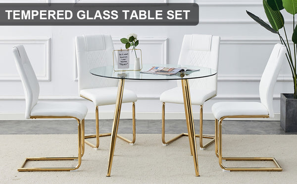 English Elm Table Set - Modern Circular Dining Table With Glass Top & Gold-Plated Legs, 4 White Pu Cushions W1151S03978-GIGA