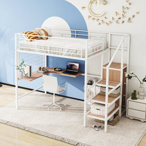 English Elm Full Metal Loft Bed with Built-In L Desk, 3-Tier Ladder Shelves and Under-Ladder Wardrobe Space, Durable White SF000024AAK