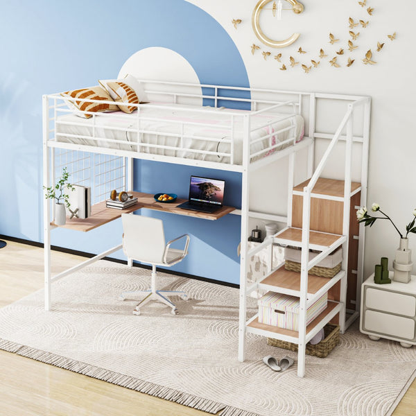 English Elm Full Metal Loft Bed with Built-In L Desk, 3-Tier Ladder Shelves and Under-Ladder Wardrobe Space, Durable White SF000024AAK