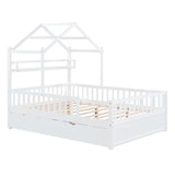 English Elm Wooden Full Size House Bed With Twin Size Trundle,Kids Bed With Shelf,White