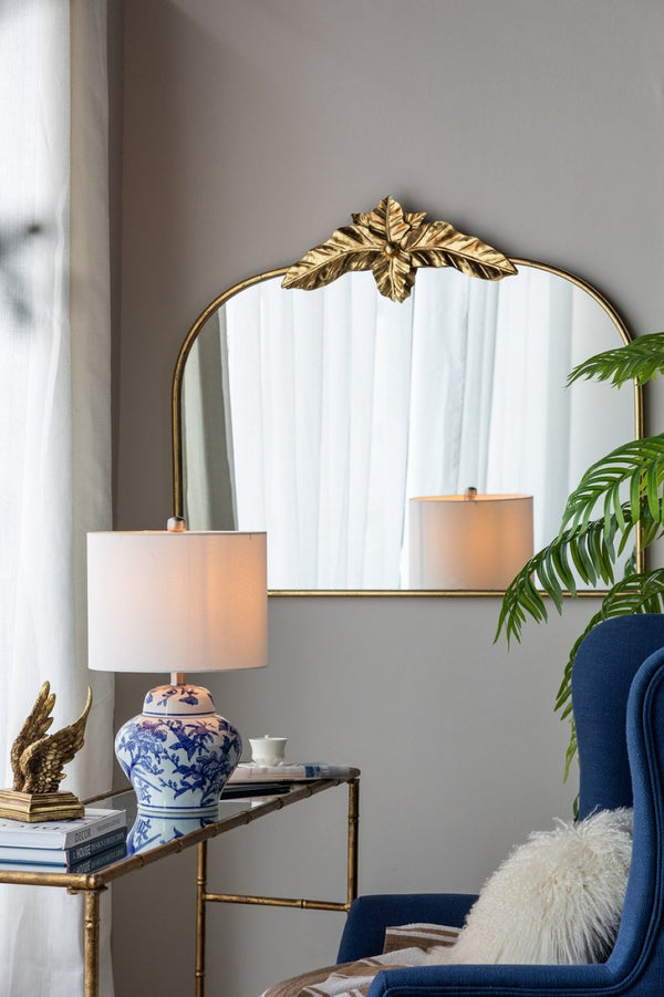 English Elm 39.5" Gold Arched Wall Mirror with Ornamental Iron Frame for Bedroom or Entryway W2078135192
