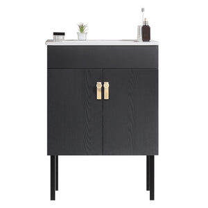 English Elm 24''Bathroom wall-mounted vanity with metal kickstand, solid wood compact design, glossy ceramic sink Black W1882127199