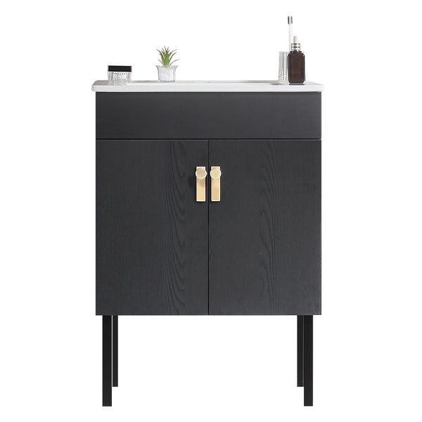 English Elm 24''Bathroom wall-mounted vanity with metal kickstand, solid wood compact design, glossy ceramic sink Black W1882127199