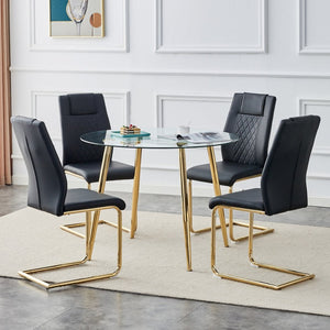 English Elm Table Set: Modern Round Glass Dining Table With Gold Legs & 4 Black Cushioned Chairs For Elegance W1151S00481-GIGA