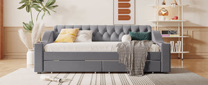 English Elm Twin Upholstered Daybed with Button-Tufted Headboard, Dual USB Ports & Two Large Storage Drawers Gray SF000048AAE