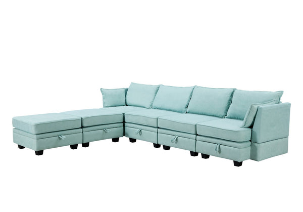 English Elm U_style Six Seat Modular U-shaped Sectional with Hidden Storage and Sleeper Function Light Green WY000363AAC