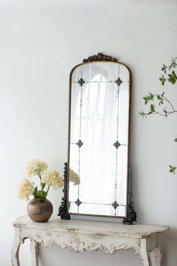 English Elm 24" Antique Gold Arched Full Length Mirror Baroque Relief Iron Frame Entryway Accent W2078135281