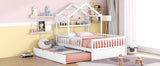 English Elm Wooden Full Size House Bed With Twin Size Trundle,Kids Bed With Shelf,White