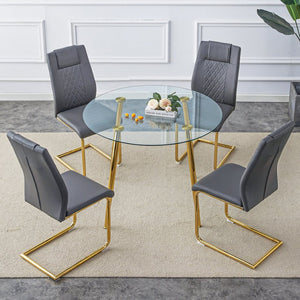 English Elm Table Set With 40-Inch Glass Top, Gold-Plated Legs & 4 Gray Pu Cushions For Modern Dining Spaces W1151S00482-GIGA