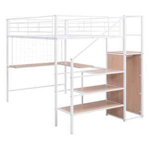 English Elm Full Metal Loft Bed with Built-In L Desk, 3-Tier Ladder Shelves and Under-Ladder Wardrobe Space, Durable White SF000024AAK