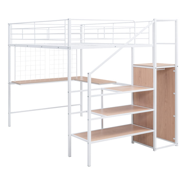 English Elm Full Metal Loft Bed with Built-In L Desk, 3-Tier Ladder Shelves and Under-Ladder Wardrobe Space, Durable White SF000024AAK