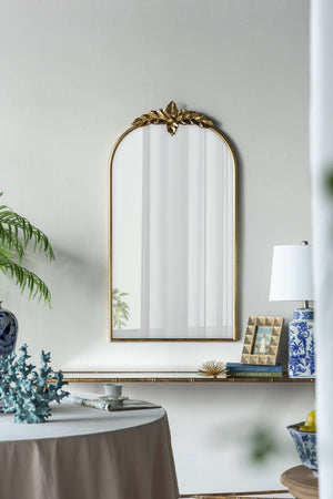 English Elm 24" Arched Gold Metal Frame Wall Mirror with Crown Ornament for Entryway or Bedroom W2078135195