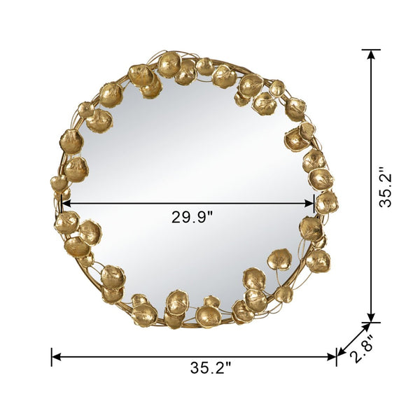 English Elm 35" Round Iron Wall Mirror Sculptural Gold Leaf Frame for Entryway or Living Room W2078135190