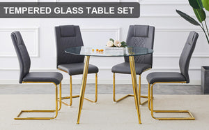 English Elm Table Set With 40-Inch Glass Top, Gold-Plated Legs & 4 Gray Pu Cushions For Modern Dining Spaces W1151S00482-GIGA