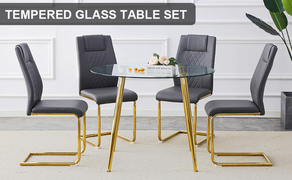 English Elm Table Set With 40-Inch Glass Top, Gold-Plated Legs & 4 Gray Pu Cushions For Modern Dining Spaces W1151S00482-GIGA