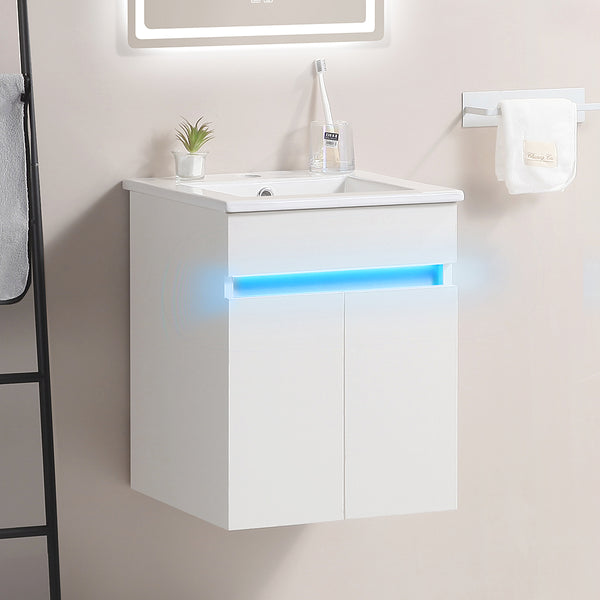 English Elm 16" Bathroom Vanity With Sink - Space-Saving Wall-Mounted Design, Radar Sensing Light & Storage! W1882S00041