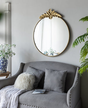 English Elm 36" Oval Gold Iron Frame Wall Mirror with Leaf Crown Detail for Bedroom or Entryway W2078135194
