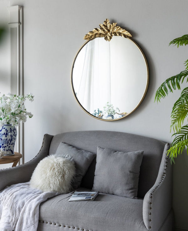 English Elm 36" Oval Gold Iron Frame Wall Mirror with Leaf Crown Detail for Bedroom or Entryway W2078135194