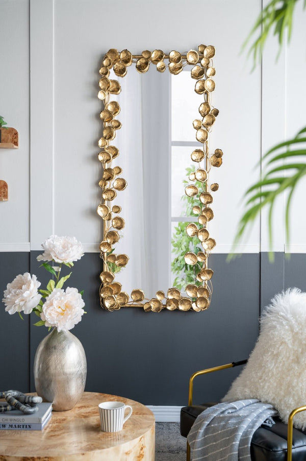 English Elm 61" Full Length Floor Mirror with Ornate Golden Leaf Iron Frame for Bedroom or Entryway W2078135189