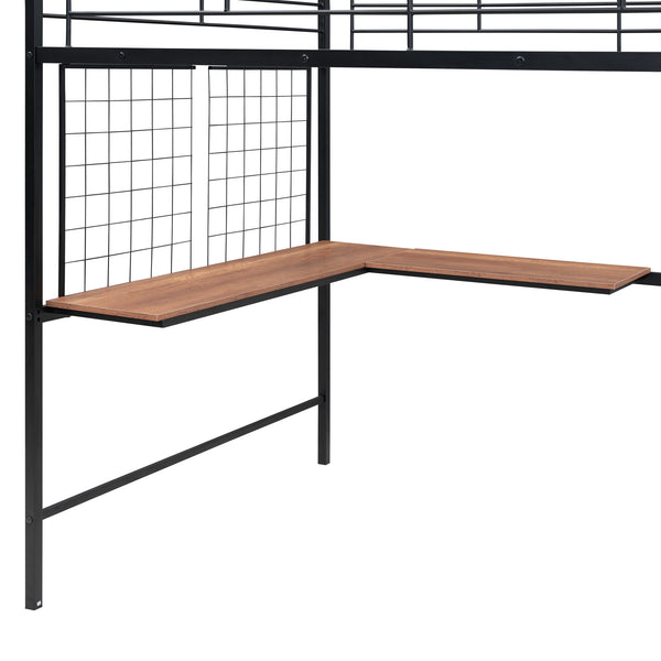 English Elm Full Metal Loft Bed with Built-In L Desk, 3-Tier Ladder Shelves and Under-Ladder Wardrobe Space, Durable Black SF000024AAB