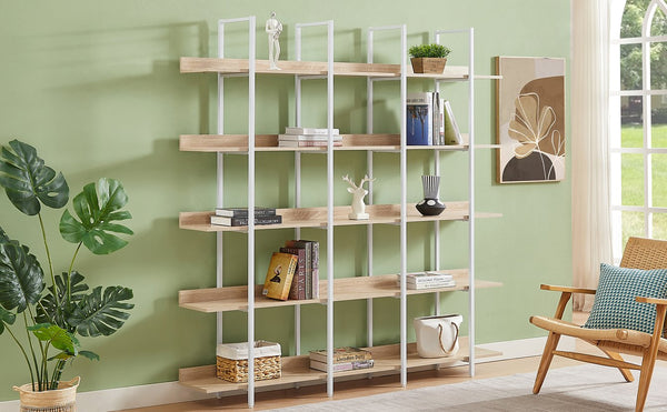English Elm 5 Tier Bookcase Industrial Open Bookshelf with MDF Boards & Steel Frame, 5 Shelves, 80lb Capacity Each White+Oak N725P247766C