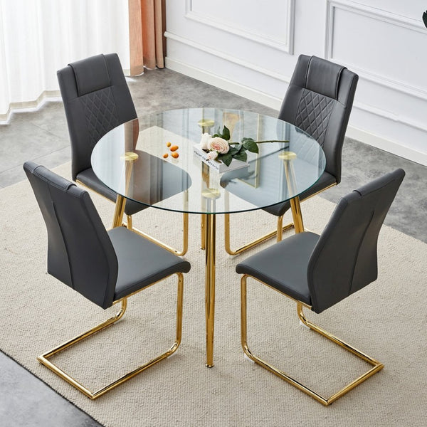 English Elm Table Set - Contemporary Round Glass Dining Table With Gold-Plated Legs & 4 Gray Pu Cushions, Stylish! W1151S03976-GIGA