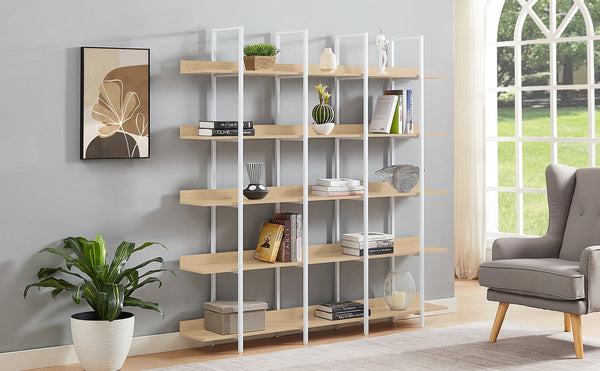 English Elm 5 Tier Bookcase Industrial Open Bookshelf with MDF Boards & Steel Frame, 5 Shelves, 80lb Capacity Each White+Oak N725P247766C
