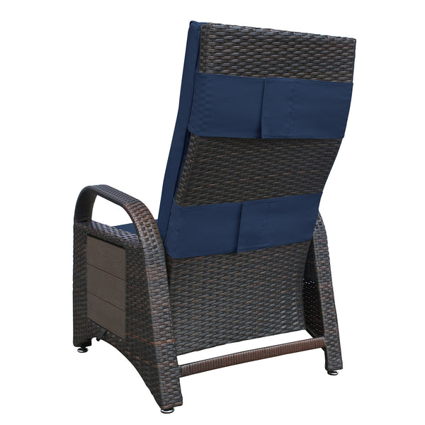 English Elm Outdoor Recliner Chair with Hand-Woven HDPE Rattan, Built-In Side Table, Buckle Recline Comfort Navy Blue W1889P177602
