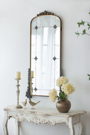 English Elm 24" Antique Gold Arched Full Length Mirror Baroque Relief Iron Frame Entryway Accent W2078135281