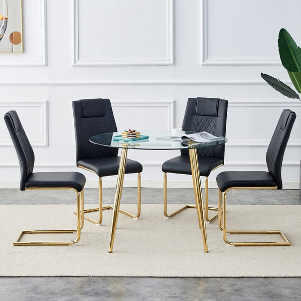 English Elm Table Set: Modern Round Glass Dining Table With Gold Legs & 4 Black Cushioned Chairs For Elegance W1151S00481-GIGA